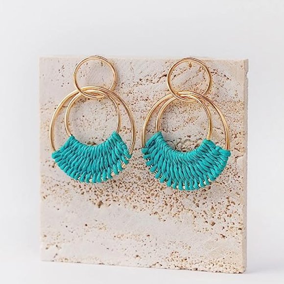Teal Blue Woven Raffia Gold Hoop Earrings Boho Wicker Hoops Links Post Style New - Picture 3 of 5